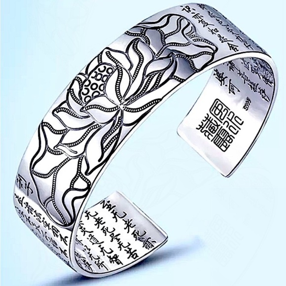 Sterling Silver Lotus Flower Engraved Wide Bangle Cuff Bracelet - Picture 4 of 6